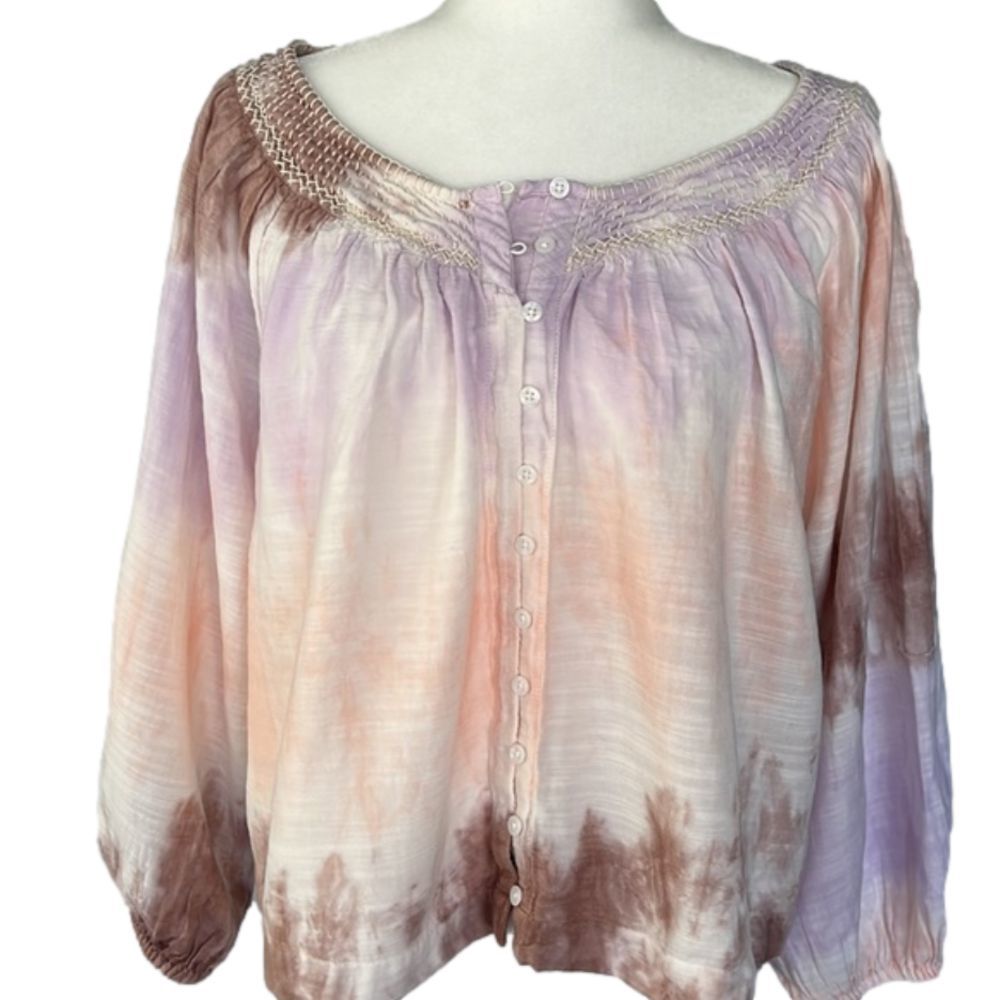 Lucky Brand women’s tie dye pastel cotton embroidered boho top size M